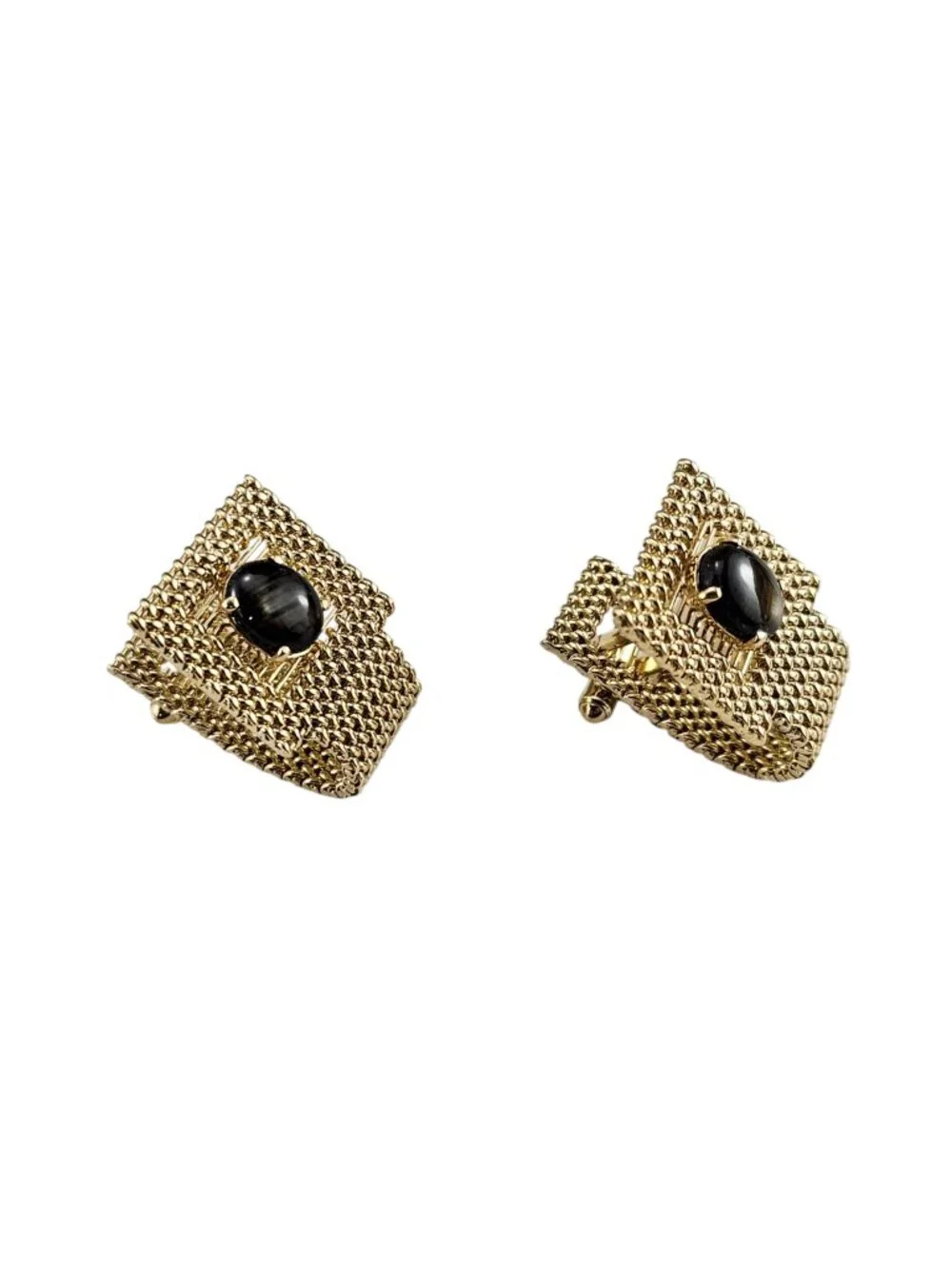 14K Yellow Gold Basketweave and Black Cabochon Stone Cufflinks #25199